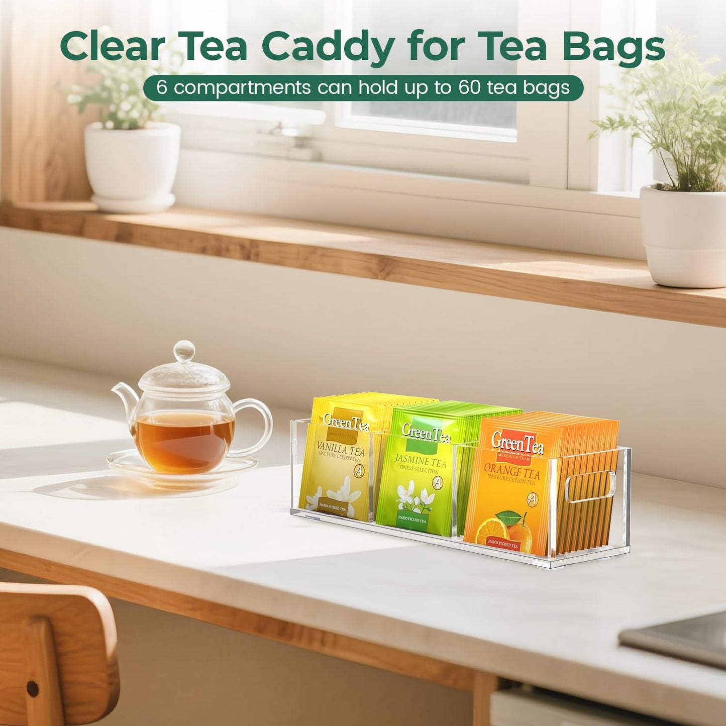 EsLuker.ly Tea Bag Holder Organizer for Counter Small Acrylic Teabag Caddy Storage, 2 Pack Clear Tea Bar Station Accessories with Easy Access for Kitchen Office Countertop Cabinet Drawer