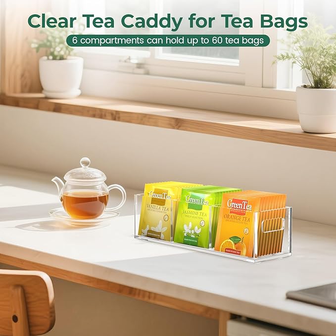 EsLuker.ly Tea Bag Holder Organizer for Counter Small Acrylic Teabag Caddy Storage