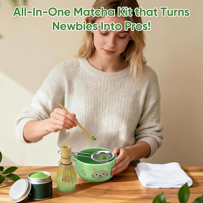 Matcha Whisk Set, 5Pcs Ceramic Matcha Set Includes Matcha Bowl, Matcha Whisk and Holder, Bamboo Scoop and Sifter