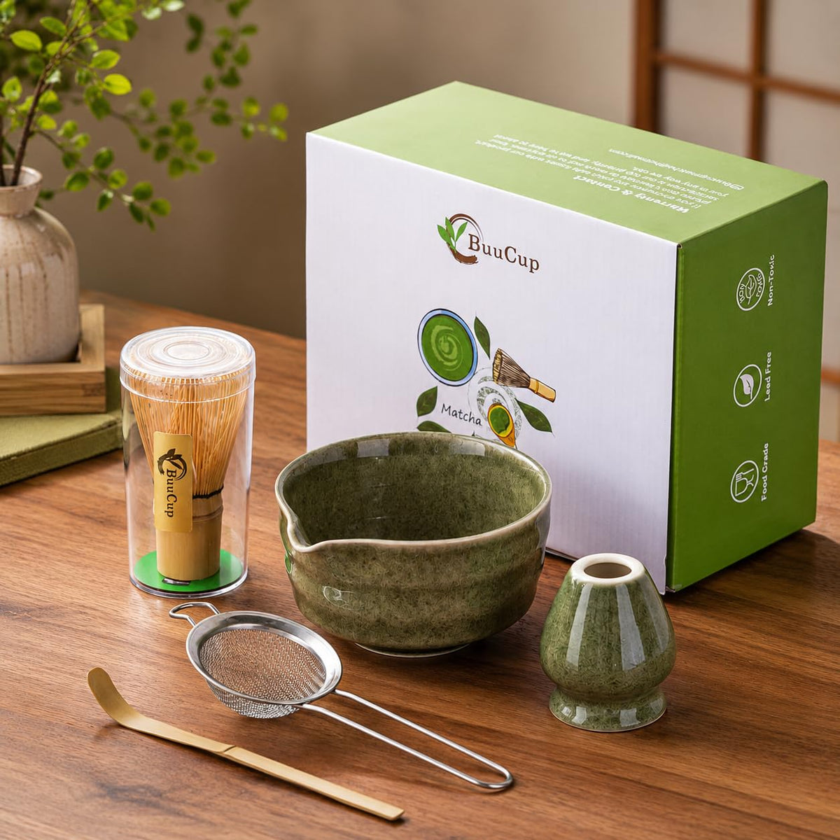 Buucup Matcha Set, Matcha Bowl with Spout, Matcha Whisk and Holder, Bamboo matcha Scoop and Stainless Sifter - 5 Pcs Jade