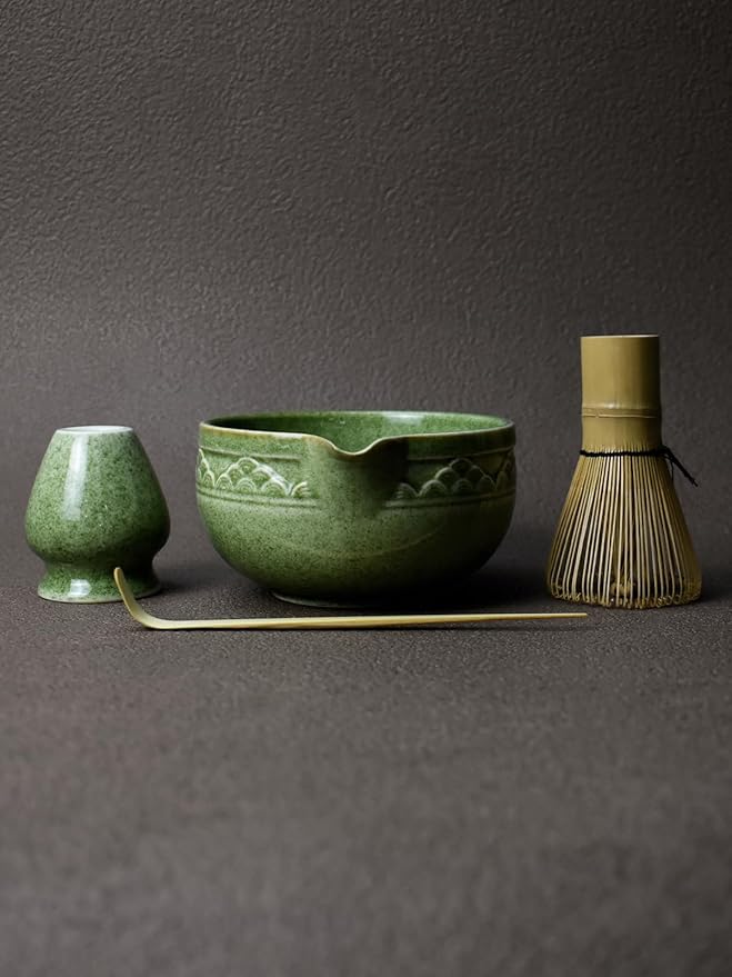 Artcome Matcha Tea Set with Pouring Spout - Green Ceramic Matcha Bowl, Bamboo Whisk, Whisk Holder