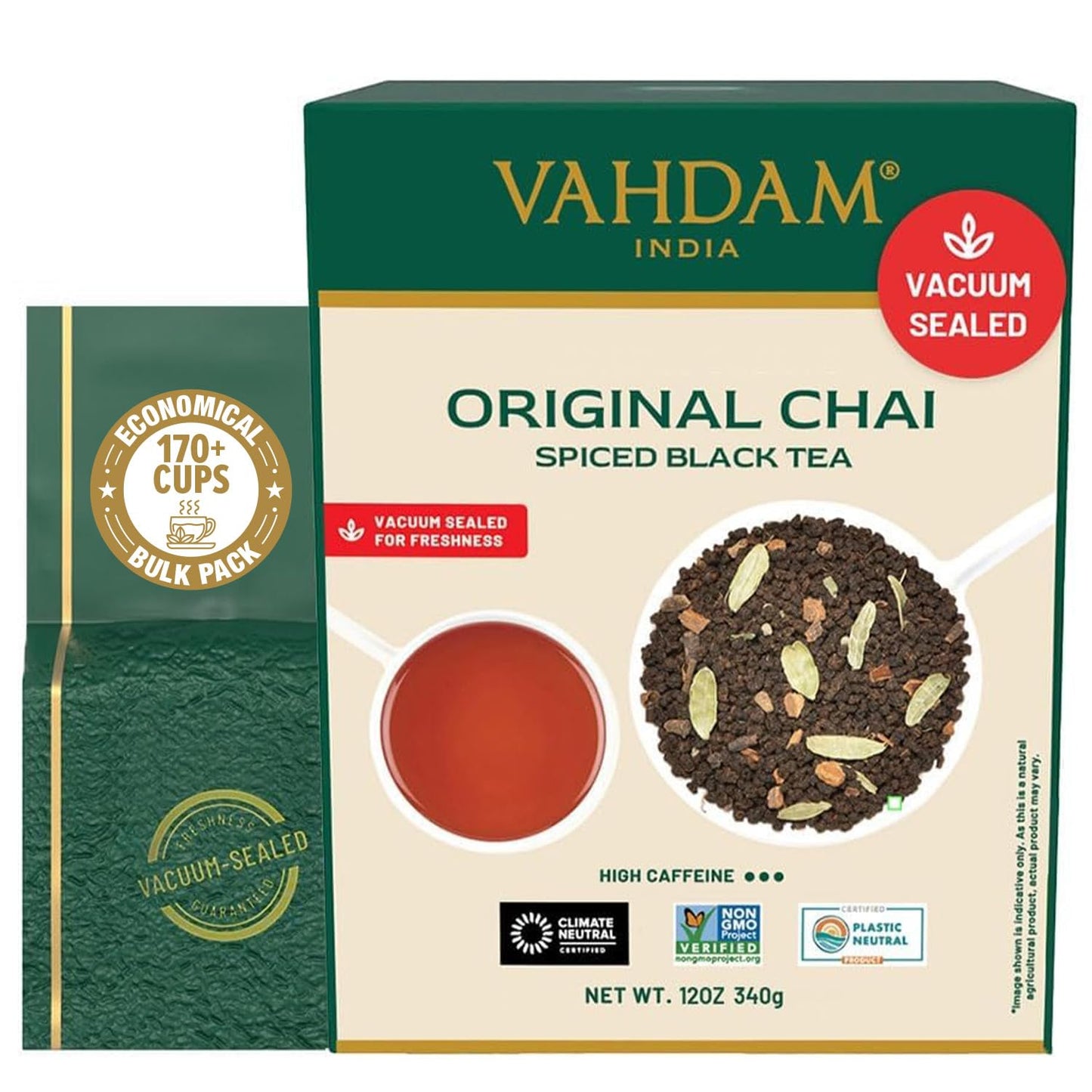 VAHDAM Masala Chai Tea - Loose Leaf 170+ Cups (340g/12oz) Blend of Black Tea with Cinnamon, Cardamom, Cloves &amp; Black Pepper | Vacuum Sealed Pack