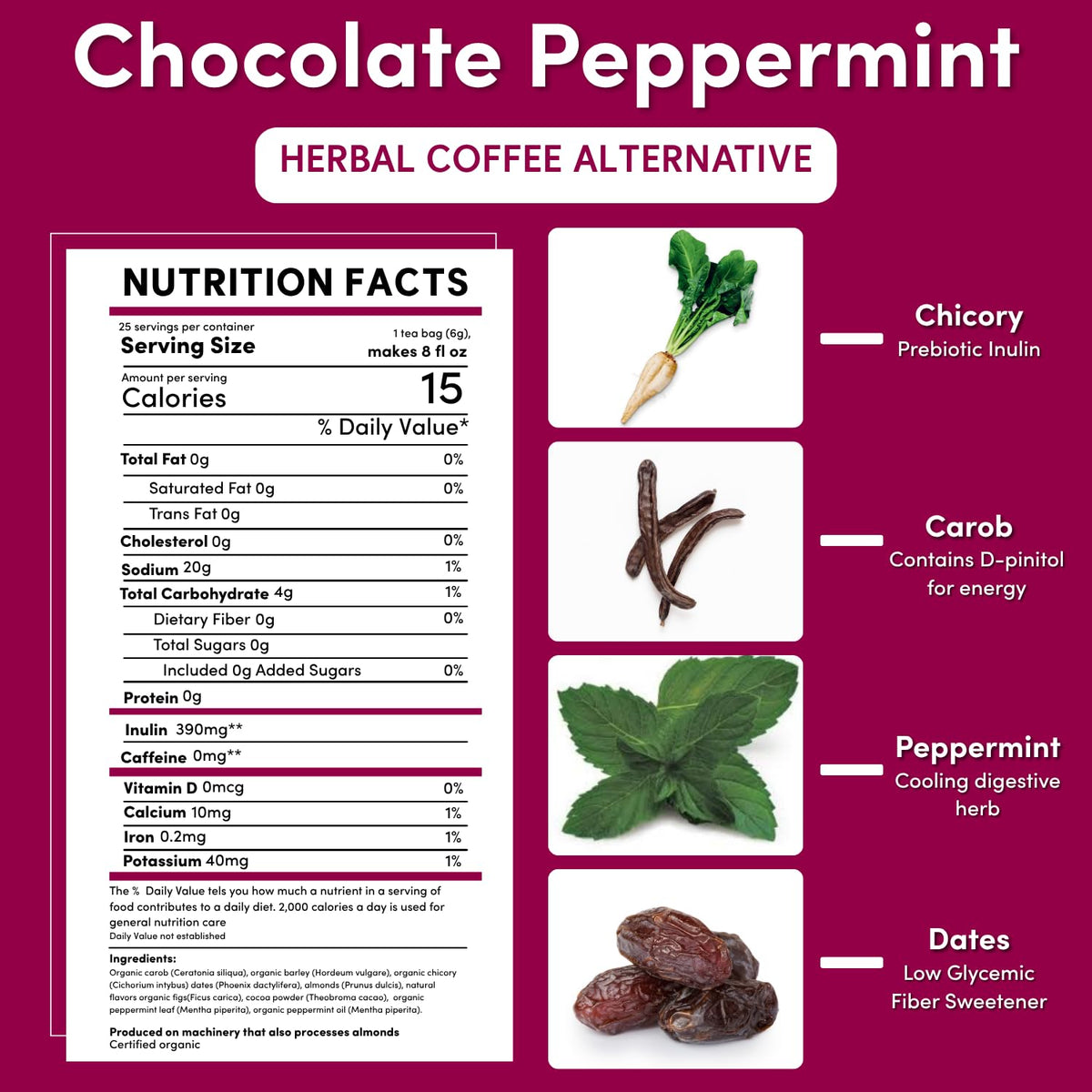 Teeccino Chocolate Peppermint Herbal Tea - Enjoy Hot or Iced Tea with Cooling Peppermint, Cocoa & Chicory, Prebiotic