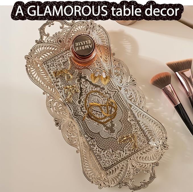 Small Silver Turkish Metal Coffee Tea Serving Tray Table Home Decor Decorative Handles
