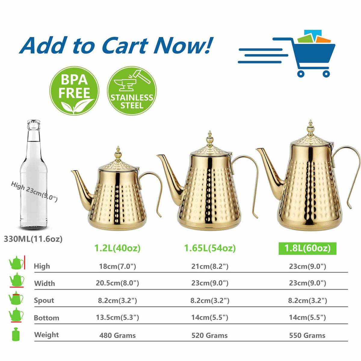SANQIAHOME 1.8L(60oz) Stainless Steel Hammer Patterned Teapot With Removeable Infuser,Loose leaf cover,Gold