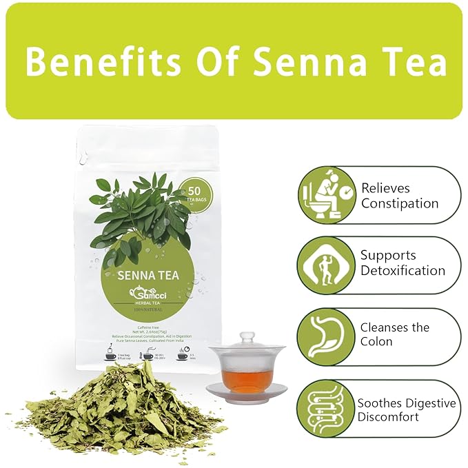 Samcci - Senna Tea, 50 Teabags, 1.5g/bag - Senna Leaf Tea for Promoting Digestion - Non-GMO - Caffeine-free
