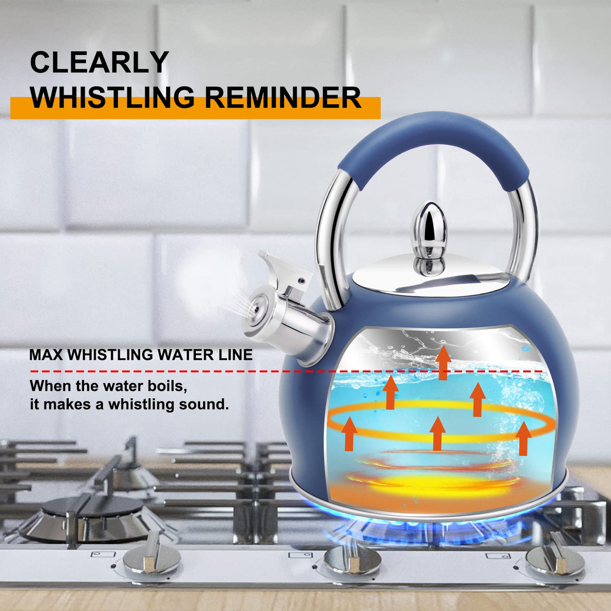 HRHongRui Whistling Tea Kettle for Stove Top Stainless Steel Tea Pot with Ergonomic Silicone Handle Teapot for Stovetop 3.2