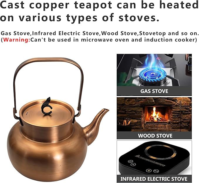 YJX Pure Copper Tea Kettle For Stovetop, Chinese Style Non-Coating Teapot with Stainless Steel Tea Ball For Loose Tea, Solid Tea Pot (1600ml)