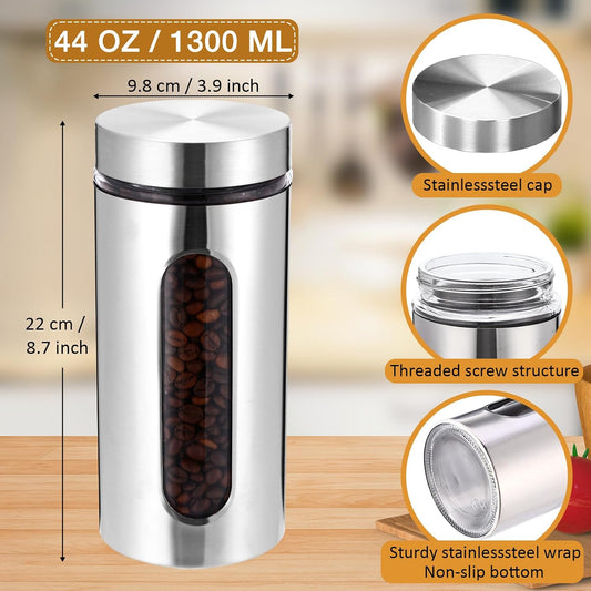 Mimorou 6 Pack 44 oz Airtight Stainless Steel Kitchen Canisters, Silver | Set Window Canister Jars, Coffee Tea Sugar, Quick Refill Check, Pantry Organization, Countertop Storage, Spice and Candy Jars