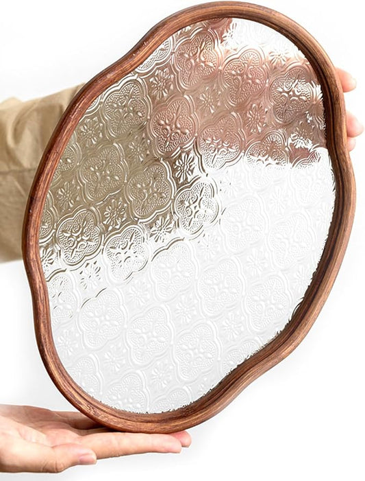 IwaiLoft Glass Serving Tray with The Crabapple Pattern Glass and Walnut for Kitchen Countertop Home Decor for Coffee Table