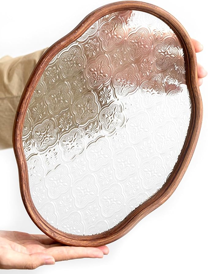 IwaiLoft Glass Serving Tray with The Crabapple Pattern Glass and Walnut for Kitchen Countertop Home 