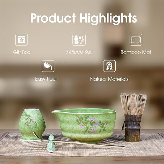 7-Piece Matcha Set with Ceramic Matcha Bowl, Bamboo Whisk (Chasen) & Holder, Sifter, Tea Scoop & Rest, Special Bamboo Tea Mat