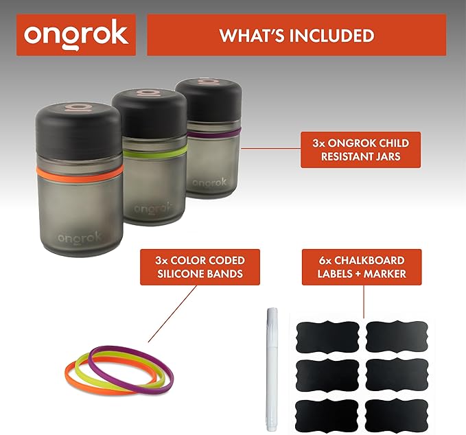 Ongrok Glass Storage Jar, 180ml, 3 Pack, UV Herb/Spice Jar with Child Resistant Lid
