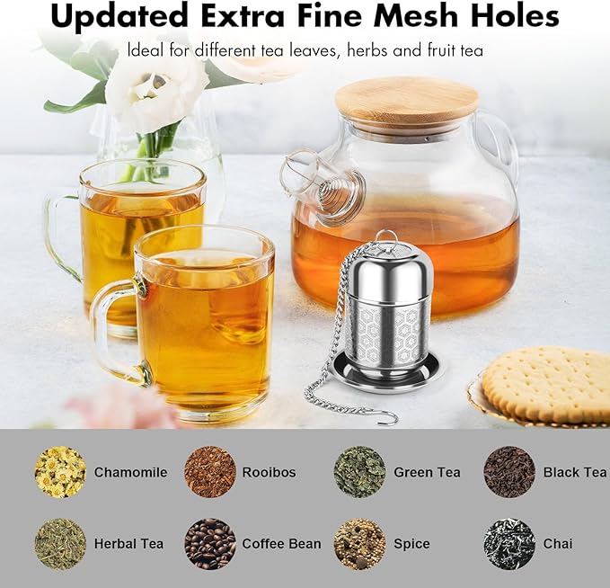 Tea Infuser for Loose Leaf Tea, Extra Fine Mesh Tea Strainers, 304 Stainless Steel & Updated Slim Threaded Lid, Loose Leaf Tea Steeper for Brew Tea