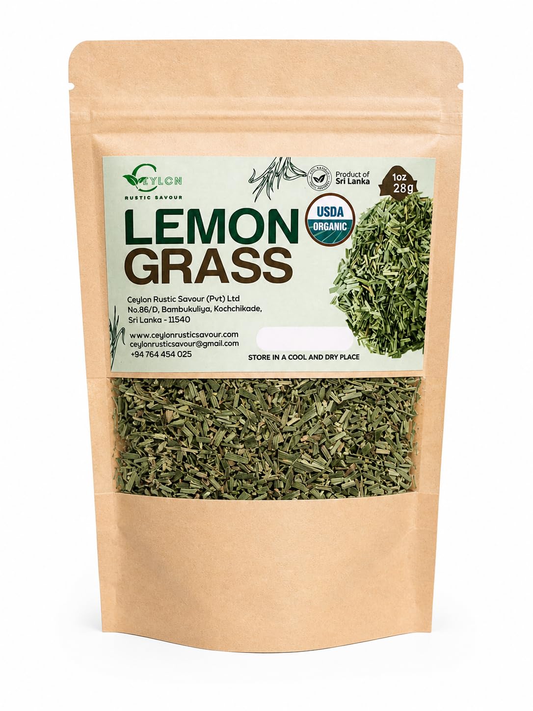 Ceylon Rustic Savour USDA Organic Dried Lemongrass Cut, 1 oz (28 g)