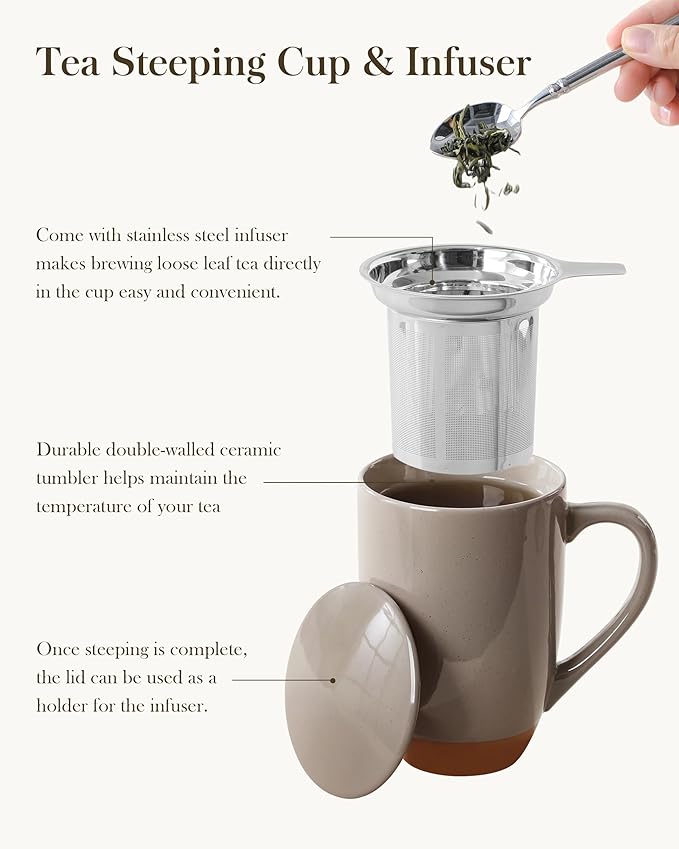 Malacasa Ceramic Tea Mug with Lid and Stainless Steel Infuser, 18 oz Large Tea Cup for Loose Leaf Tea, Heat-Resistant, Microwave & Dishwasher Safe