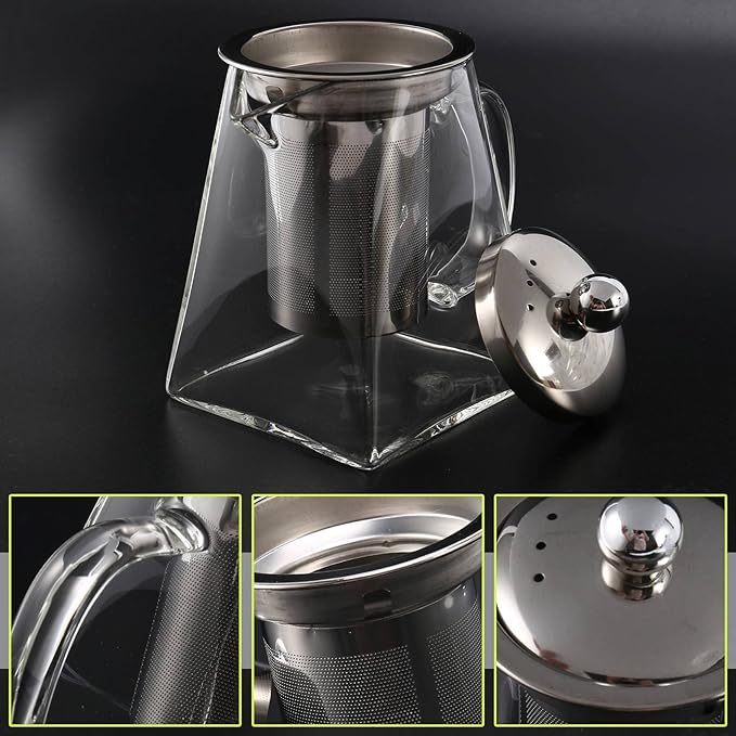 Square Glass Teapot with Infuser, 550 Ml Borosilicate Tea Pot with Strainer, Clear Leaf Tea Pots for Loose Tea