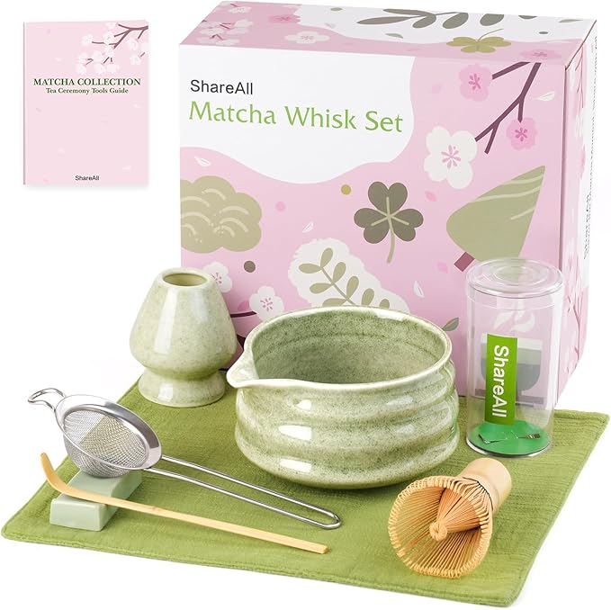 Artisan Ceramic Matcha Set, 7Pcs Japanese Matcha Whisk Kit with Speckled Glaze Bowl, Bamboo Chasen & Sifter