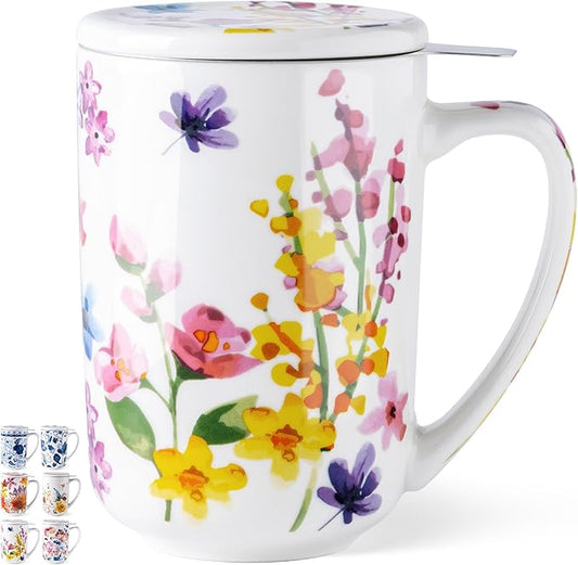 Gbhome Tea Mug with Infuser and Lid, 18 Ounce Large Ceramic Loose Leaf Cup, Microwave, Dishwasher Safe, Perfect For Tea Lovers