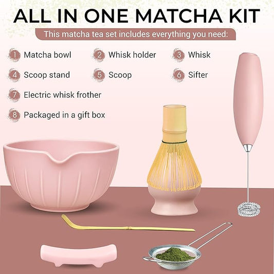 Matcha Whisk Set with Matcha Bowl - Matcha Set Included Electric Frother, Bamboo Whisk, Matcha Spoon, Bamboo Holder, Sifter, Spoon Stand (Simple Pink)