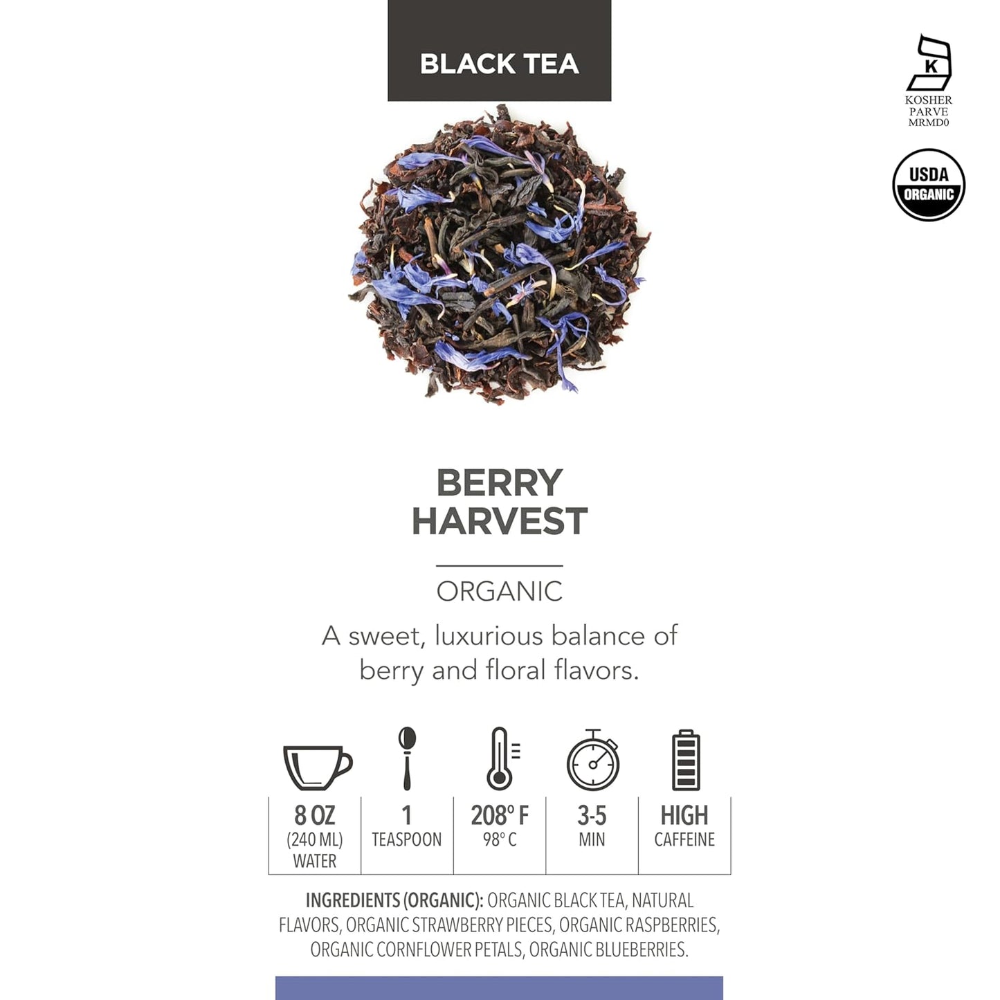 Teabloom Organic Fruity Black Tea, Berry Harvest Loose Leaf Tea, USDA Certified Organic & Kosher, Fresh Whole Leaf Blend in Reusable Gift Canister Makes 35-50 Cups