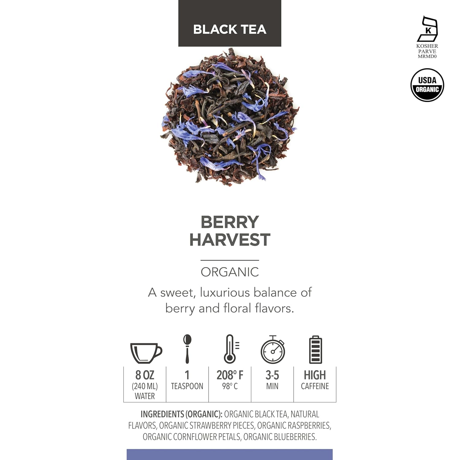 Teabloom Organic Fruity Black Tea, Berry Harvest Loose Leaf Tea, USDA Certified Organic & Kosher, Fresh Whole Leaf Blend in Reusable Gift Canister Makes 35-50 Cups