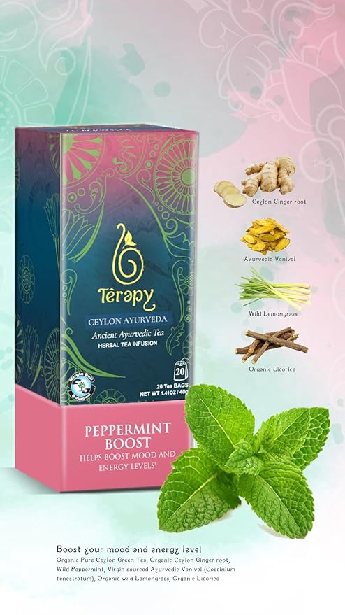 Térapy Ceylon Peppermint Tea, All Natural Herbal Ingredients, 100% Organic Peppermint Tea Bags Individually Wrapped