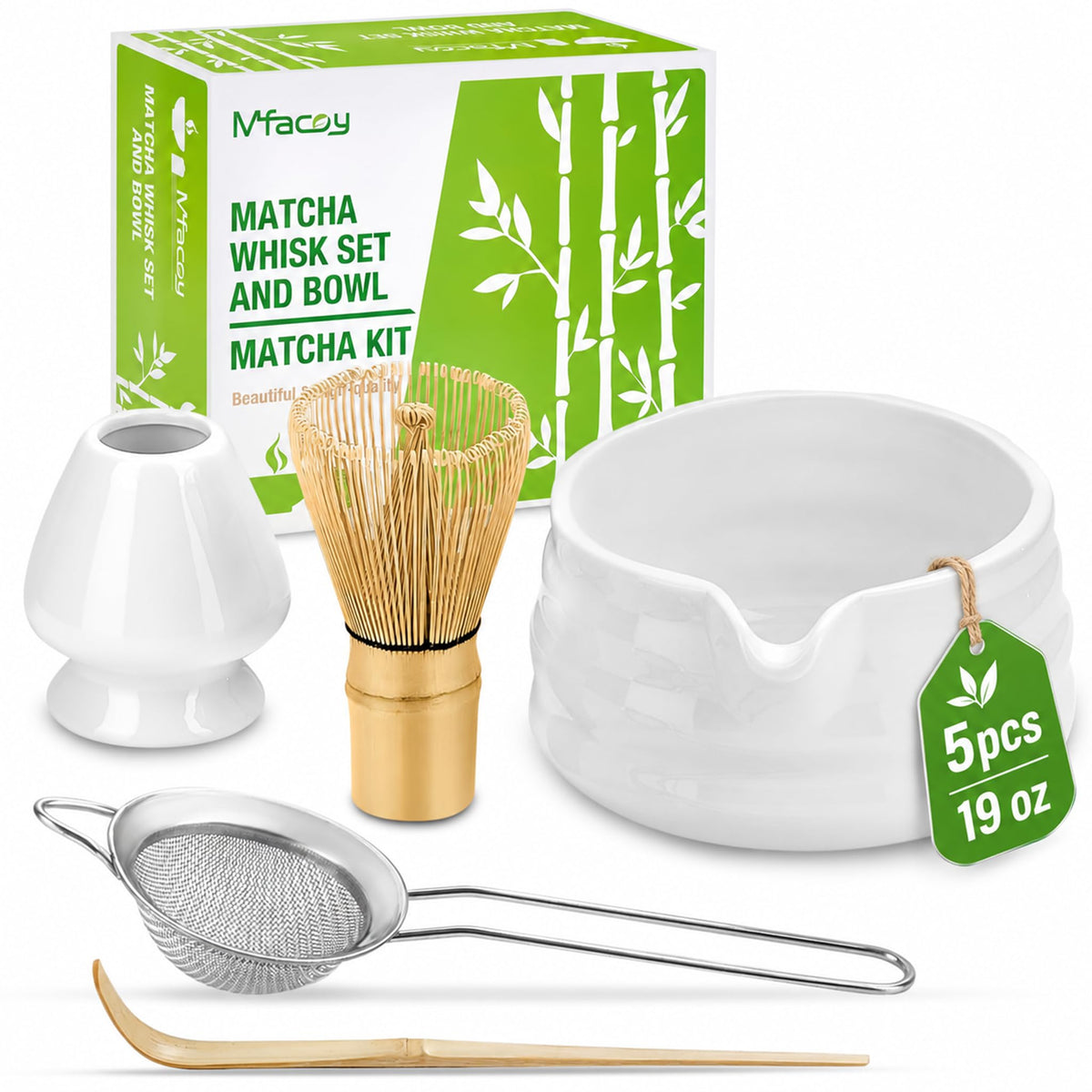 Mfacoy Matcha Whisk Set, Japanese Tea Set (5pcs) includes Matcha Bowl with Spout (19 oz), Bamboo Whisk and Matcha Scoop