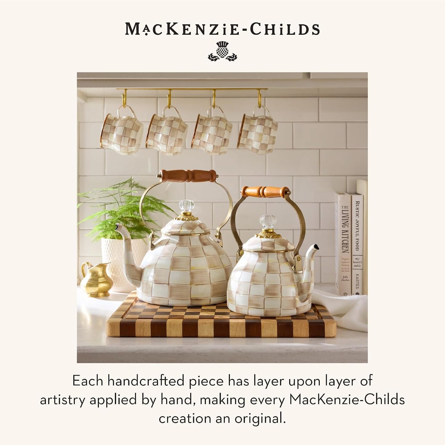 MACKENZIE-CHILDS Tea Kettle, 3 Quarts, Brown-and-White Mocha Check | Hand-painted design, made from enameled steel with a wooden handle, ideal for serving coffee, tea, and other hot beverages