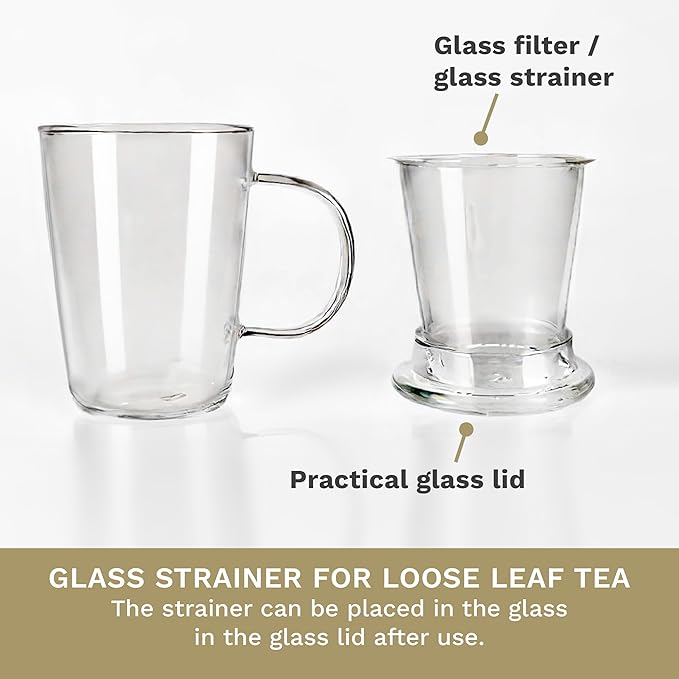 Creano Tea Glass 400 ml – Large Tea Cup with Strainer and Glass Lid – An ideal Tea Maker