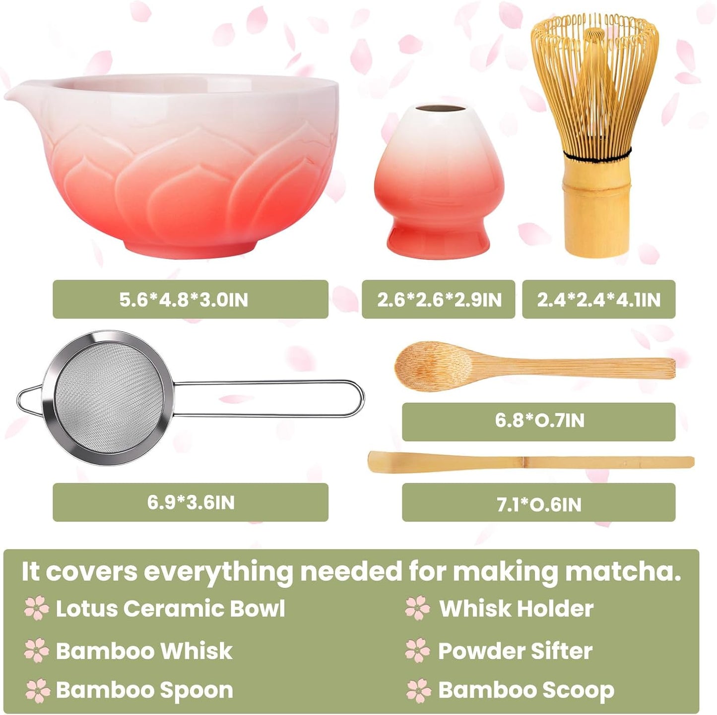 Matcha Whisk Set, Lotus Gradient Red Ceramic Matcha Set Includes Matcha Bowl, Matcha Whisk (Chasen) and Holder, Sifter, Bamboo Scoop &amp; Spoon - 6 Pcs Matcha Kit for Matcha Lovers