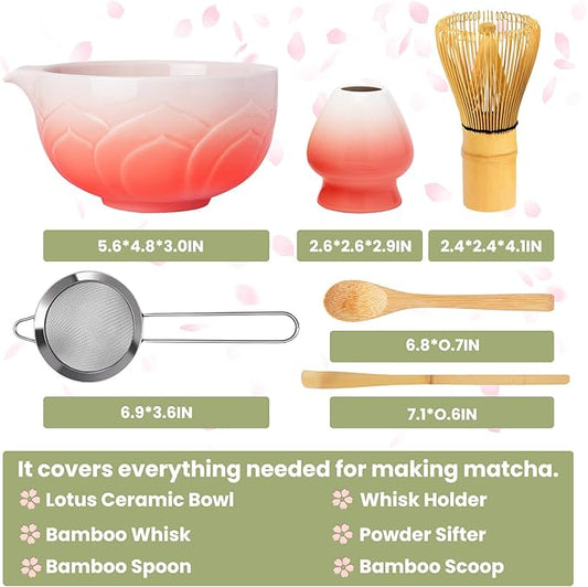 Matcha Whisk Set, Lotus Gradient Red Ceramic Matcha Set Includes Matcha Bowl, Matcha Whisk (Chasen) and Holder, Sifter, Bamboo Scoop & Spoon