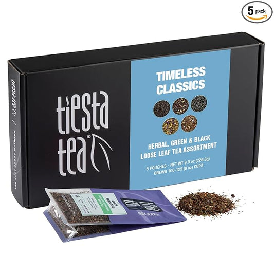 Tiesta Tea - Classic Loose Leaf Tea Gift Box, High to Non-Caffeinated Assorted Blends, 5 Pouches of Hot & Iced Variety Pack, English Breakfast, Green, Chai, Lavender & Herbal