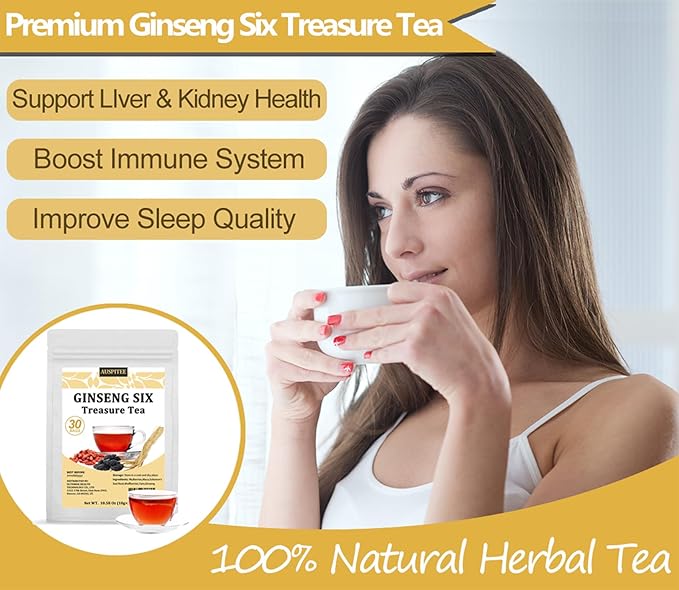 Ginseng Six Treasures Tea, 30Bags/10.58Oz, Traditional Chinese Tea, Natural Herbal Tea for Men Women, 6 Precious Ingredients Formula
