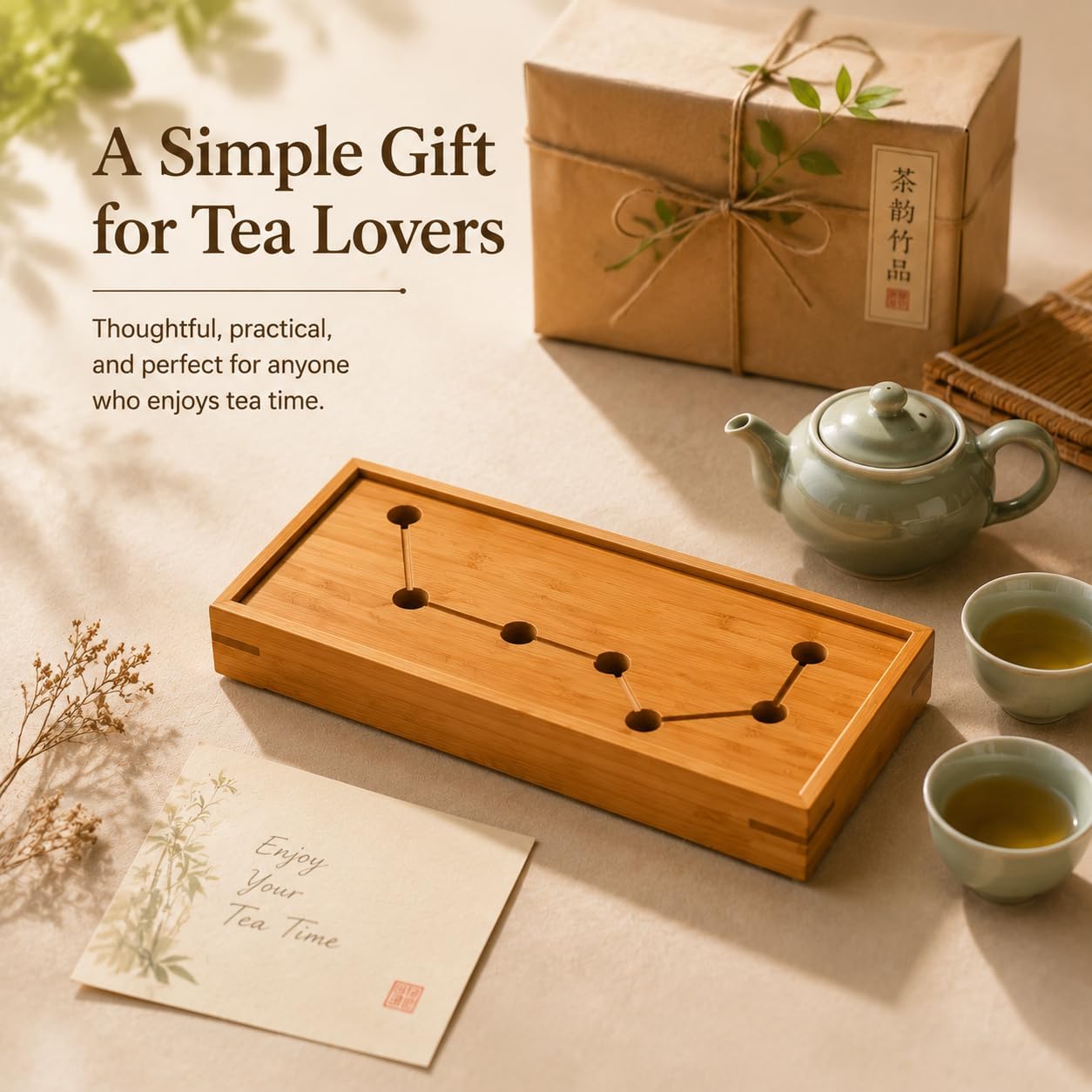JIKUGO Bamboo Tea Tray, Small Wooden Tea Serving Tray for Tea Set, Compact Japanese Tea Tray for Home Office Tabletop Decor, Natural Bamboo Chinese Kungfu Tray, 11'' x 4.6''