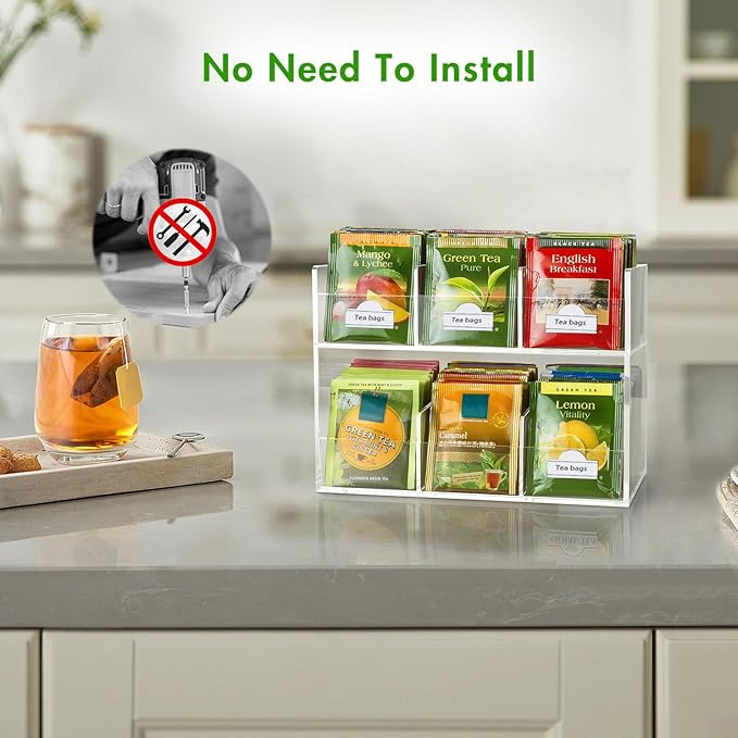Beygorm Acrylic Tea Bag Organizer for Tea Packets, No Assembly Required Display Holder for Countertop, Vertical Tea Bag Caddy for Cabinet