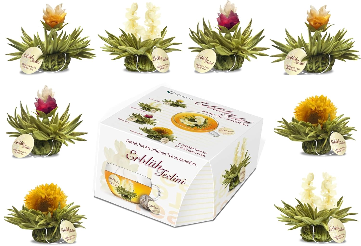 Creano Tea Flowers in Cup Size - Blooming Tea - 8 Flowering Tea in 4 Different Varieties - White Tea