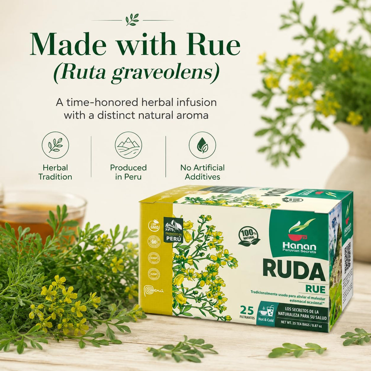 HANAN PERUVIAN SECRETS Hanan Te de Ruda Rue 25 Tea Bags for Relaxation & Well-Being, Ruta Graveolens, Natural Herbal Tea from