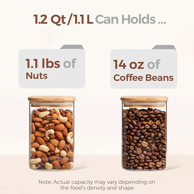 ComSaf Glass Storage Containers with Lids, 1.2 Qt Glass Jars with Lids, Clear Food Storage Jar