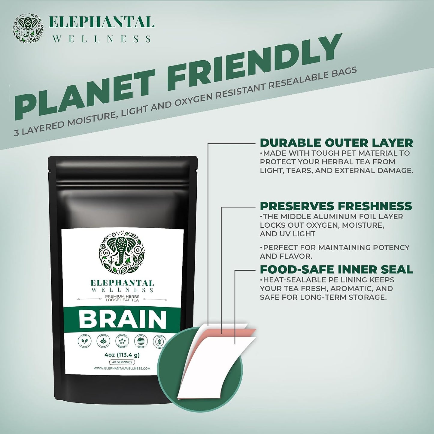 Elephantal Wellness Premium Brain Herbal Tea | Botanical Blend with Ginkgo, Bacopa, Ashwagandha &amp; Gotu Kola | Handmade, Caffeine-Free, Non-GMO Loose Leaf Herbal Tea, 4oz Loose Leaf, 40 Servings