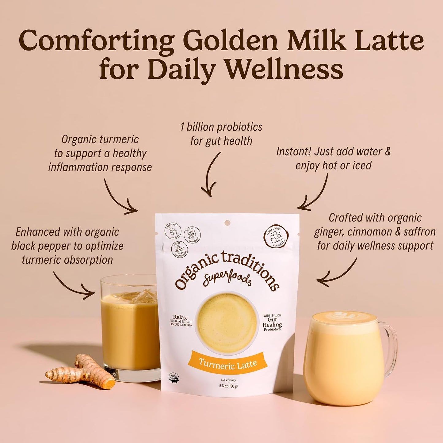 Organic Traditions Turmeric Golden Milk Latte Powder, Coconut Milk, 5.3oz | Coconut Milk with Ginger, Cinnamon, and Saffron, Lightly Sweetened Instant Drink, Includes Probiotics, Vegan Dairy Free Mix