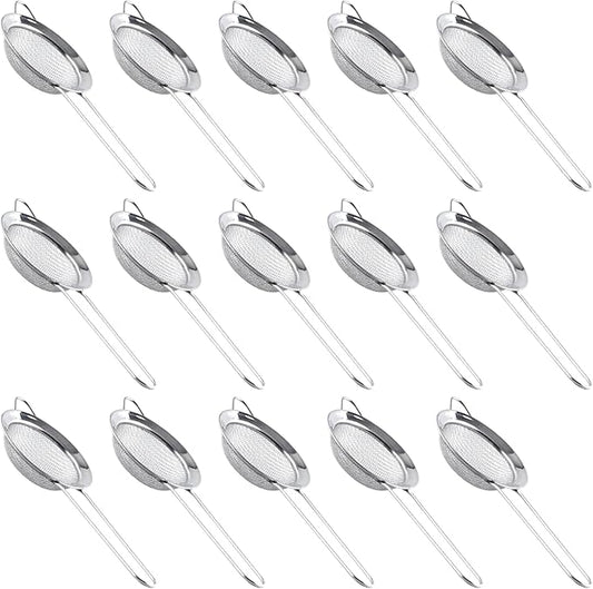 15 Pcs Stainless Steel Small Strainer, Small Fine Mesh Tea Strainer, Mini Stainless Steel Sieve with Handle, Kitchen Metal Sifter Strainers for Tea, Juicing, Coffee, Cocktail, Powdered Sugar, Matcha