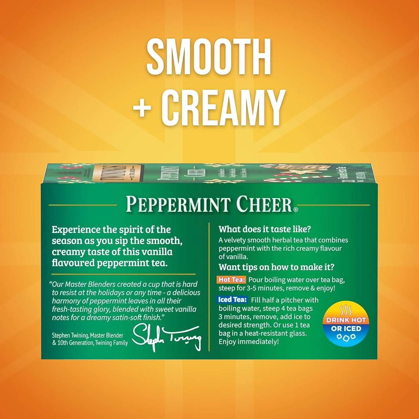 Twinings Peppermint Cheer Holiday Herbal Tea Bags, 20 CT Box (6 Pack) | Seasonal Peppermint &amp; Creamy Vanilla, Naturally Caffeine-Free, 120 Foil Lined Individually Wrapped Bags, Enjoy Hot or Iced