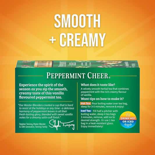 Twinings Peppermint Cheer Holiday Herbal Tea Bags, 20 CT Box (6 Pack) | Seasonal Peppermint &amp; Creamy Vanilla, Naturally Caffeine-Free, 120 Foil Lined Individually Wrapped Bags, Enjoy Hot or Iced