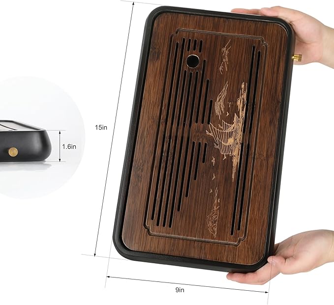 Ufine 15 Inch Bamboo Gongfu Tea Tray with Water Storage Drainage Chinese Kung Fu Tea Serving Tray Tea Table Box Gift Set