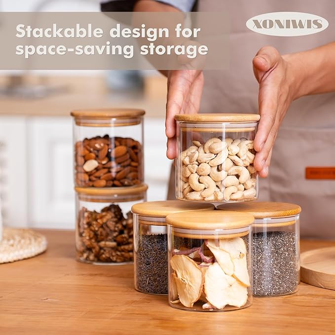 20oz 6PCS Round Airtight Glass Food Storage Jars, Clear Glass Food Container with Bamboo Lid, Stackable Spice Jar, Small Kitchen Storage for Sugar, Tea, Coffee bean, Pasta, Oat, Spice