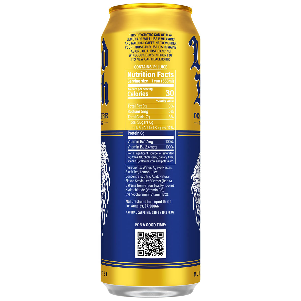 Liquid Death Iced Tea - Dead Billionaire (Black Tea/Lemonade), Less Sugar*, Boost of Caffeine, B Vitamins, No Artificial