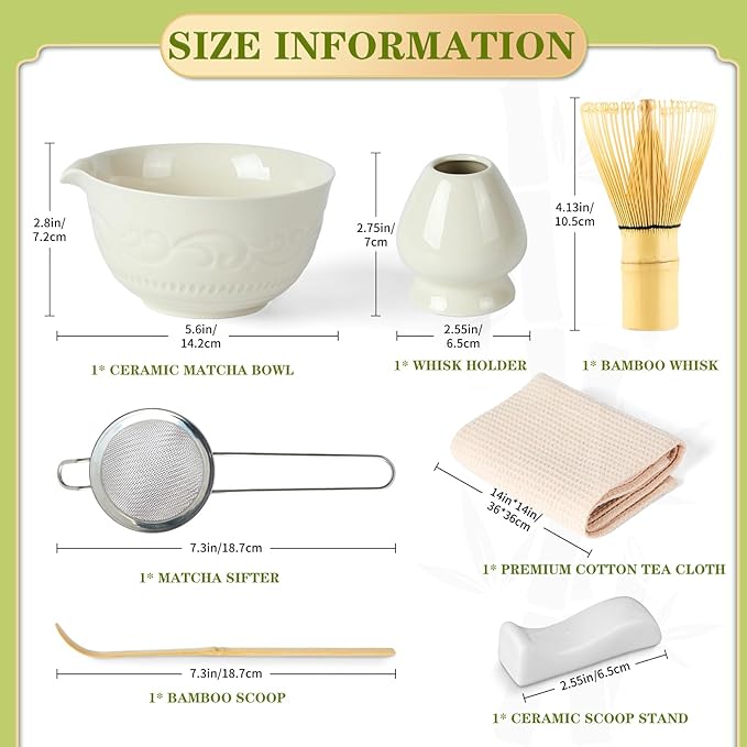 Matcha Whisk Set, Ceramic Matcha Set Kit, 7 Pcs Includes Bowl, Whisk and Holder, Bamboo Scoop, Scoop Rest, Strainer and Tea Towel （Freedom White）