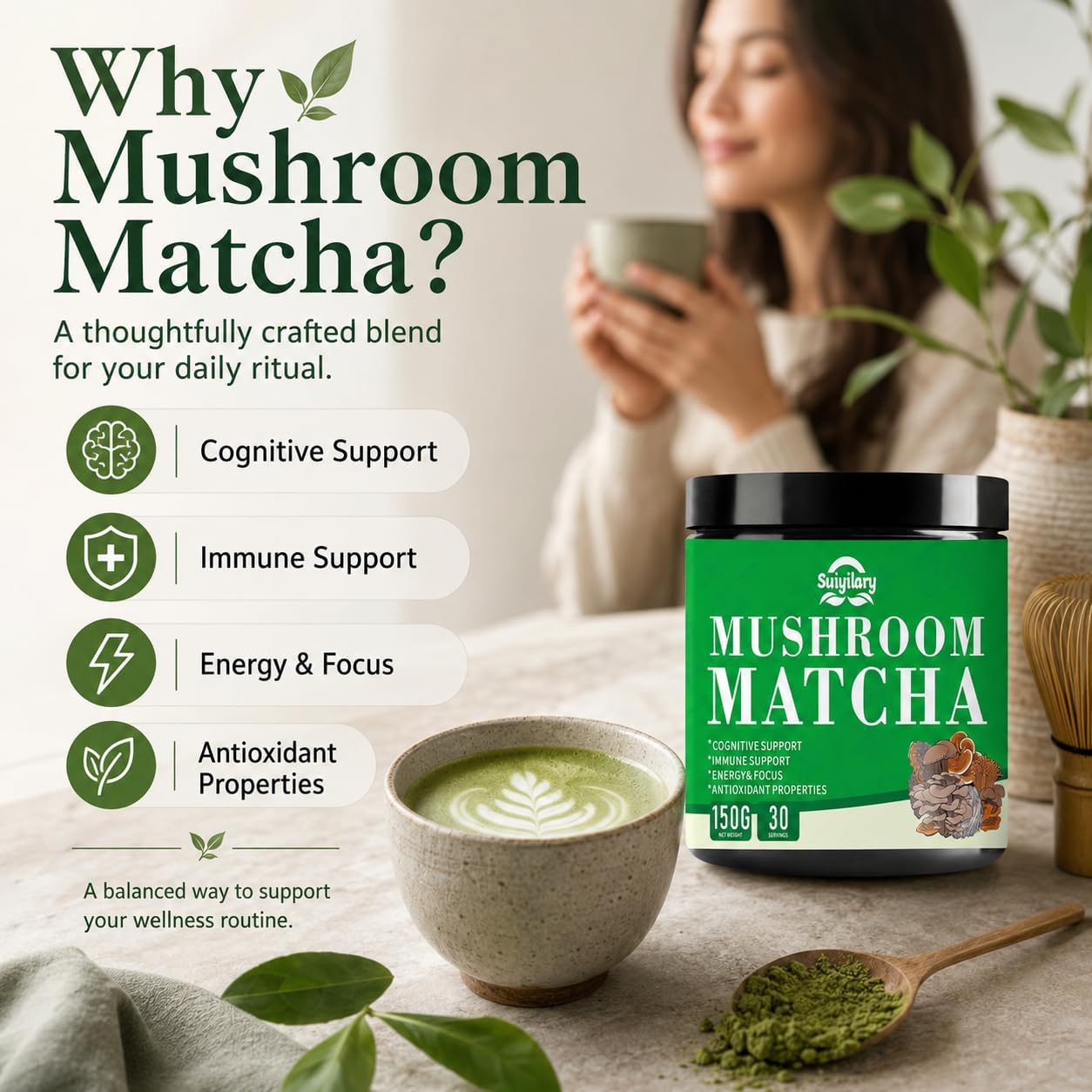 Suiyilary Mushroom Matcha, Ceremonial Matcha Tea Powder with 7 Superfood Mushrooms, Gluten Free, Taste Great Hot or Cold Matcha Latter - 150g 30 Serving