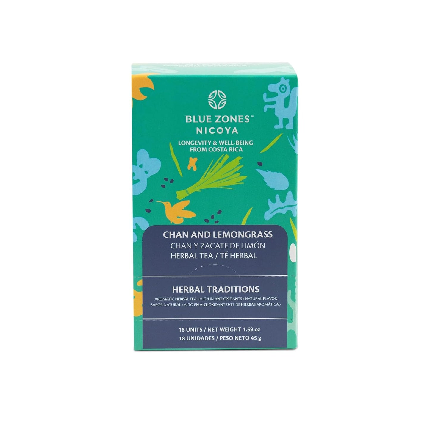 Blue Zones Nicoya Chan &amp; Lemon Grass Herbal Tea Pack of 18 (1.6oz/45g) | 100% Natural, Organic, and Refreshing - High Micronutrients - Gluten, Caffeine, Sugar-Free
